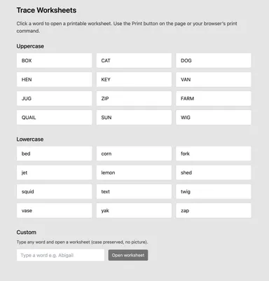 Screenshot of the Worksheets app